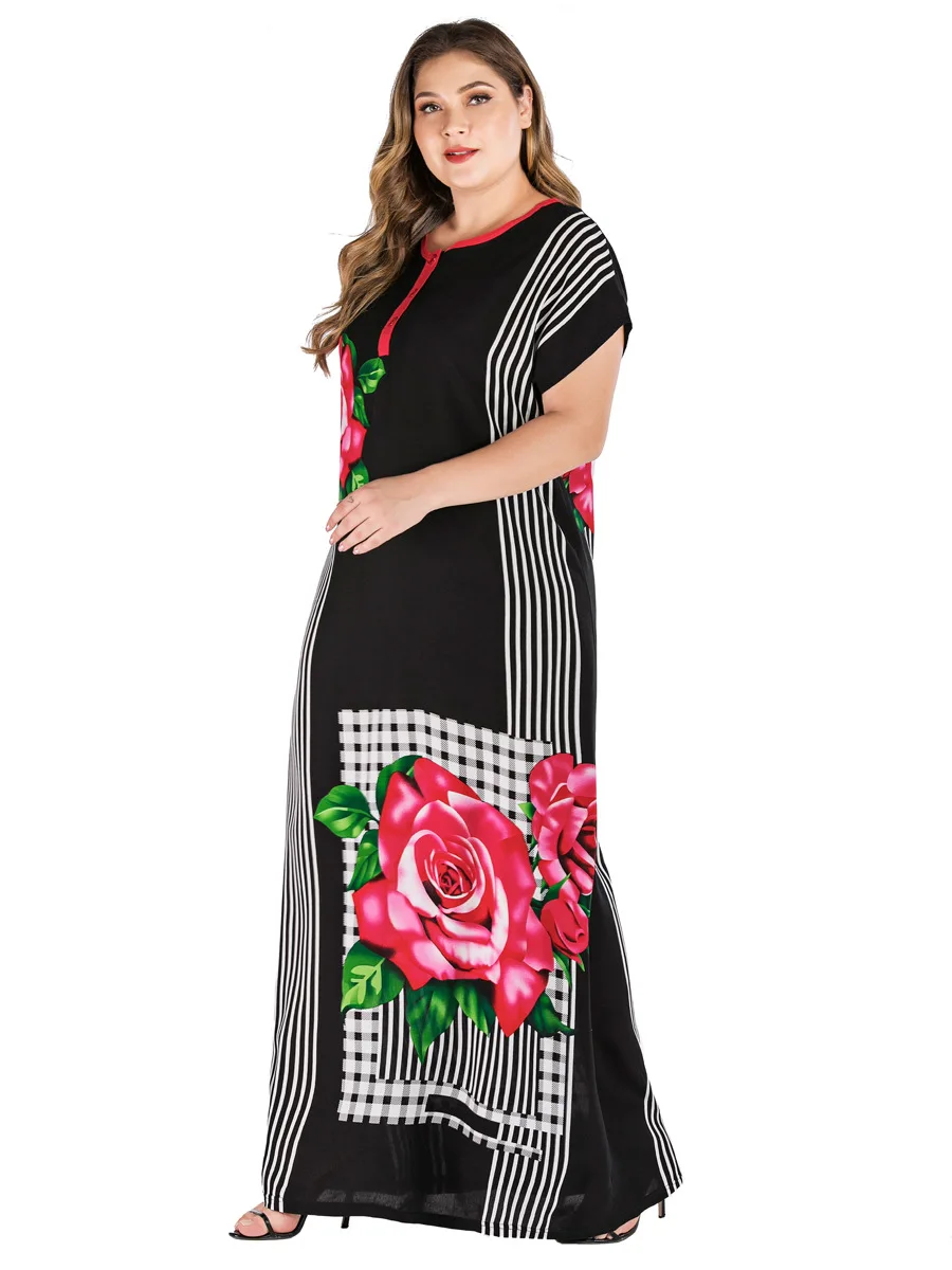 Plus Size Tribal Botanical Print Boho Dress Women Summer Tunic Short Sleeve Straight Shift Geometric Maxi Dresses VKDR1821