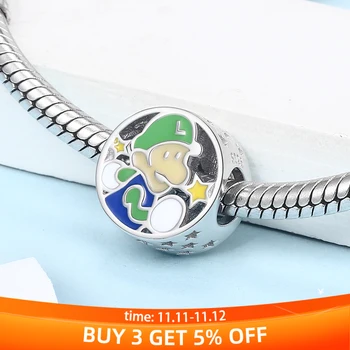 

925 Sterling Silver Cute Round Luigi Plumber Beads Blue Overalls Pants Charm Fit Pandora Bracelet for Women Fashion Jewelry Gift