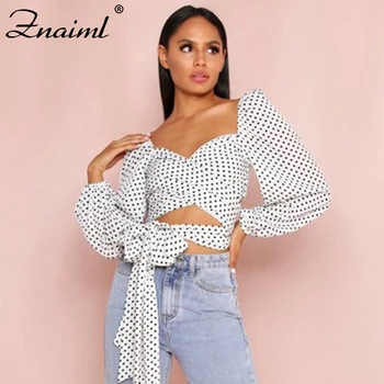 

Znaiml Autumn White Lantern Sleeve Polka Dot Blouses Women Sexy V-neck Top Bandage Bow Hollow Out Blouse Tops Streetwear Blusas