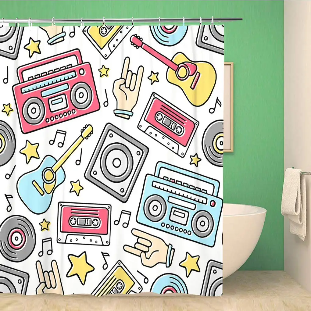 

Bathroom Shower Curtain Cartoon Filled Outline Retro Boombox Guitar Loudspeaker Rock Hand Polyester Fabric 72x78 inches