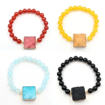 

YJXP Double Buckle Connector Bracelets Flat Druse Dyed Color Natural Crystal Cluster Round Beads Unisex Bracelet Bangles Jewelry