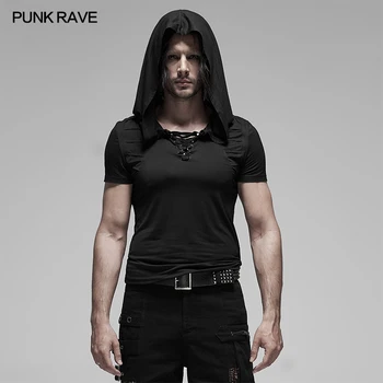 

PUNK RAVE Men's Black Knit Breathable Big Cap T-shirt Slim Fit Hooded Short Sleeve Summer Casual Men Tops Hip Hop