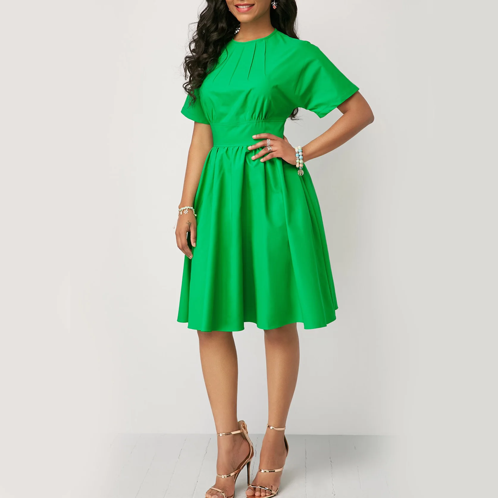 

Causal Dresses Plus Size A Line 2020 Summer Plain Short Sleeve Round Neck Green Dress Fashion High Waist Elegant Dress Hot Sales