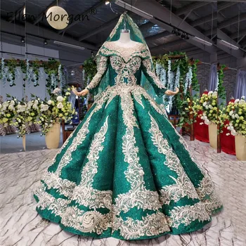 

Vintage Muslim Dark Green Wedding Dresses Lace Puffy Boat Neck Long Sleeves Lace up Floor Length Glitter Vestido De Novia 2019