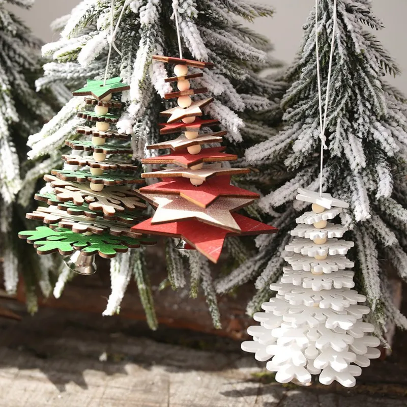 

Rotate Christmas Tree Ornaments Xmas Tree Hanging DIY 3D Snowflake Star Pendants Wooden Small Bell Decorations For Home Office