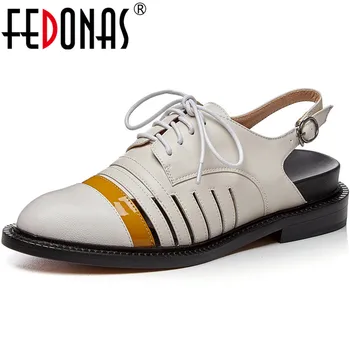 

FEDONAS Famale Back Strap Genuine Leather Women Shoes Lace Up Chunky Heels Pumps 2020 Spring Summer Casual Basic Shoes Woman