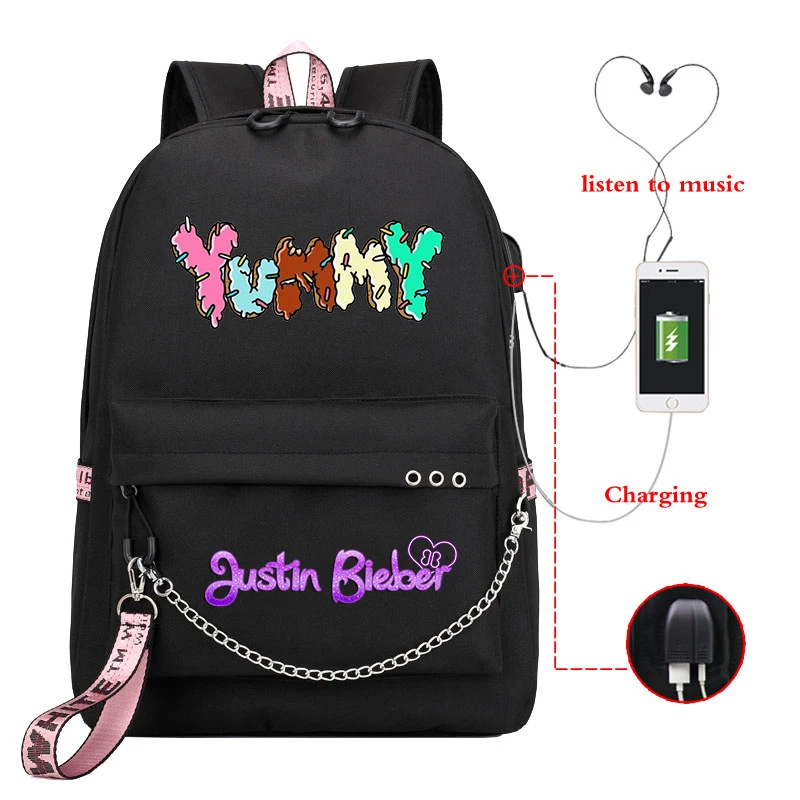 Mochila Justin Bieber Yummy Backpack Bookbag Usb Charge Travel Backpack