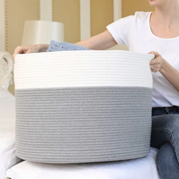 

Woven Storage Basket Cotton Rope Organizer Baby Laundry Baskets for Blanket Toys Towels Nursery Hamper Bin with Handle