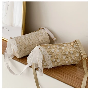 

YXZ New Women's Shoulder-bags Simple Weave Crossbody-bag Ribbon-Decoration Little-Flower-Pattern Straw-bags Female Bucket-bag