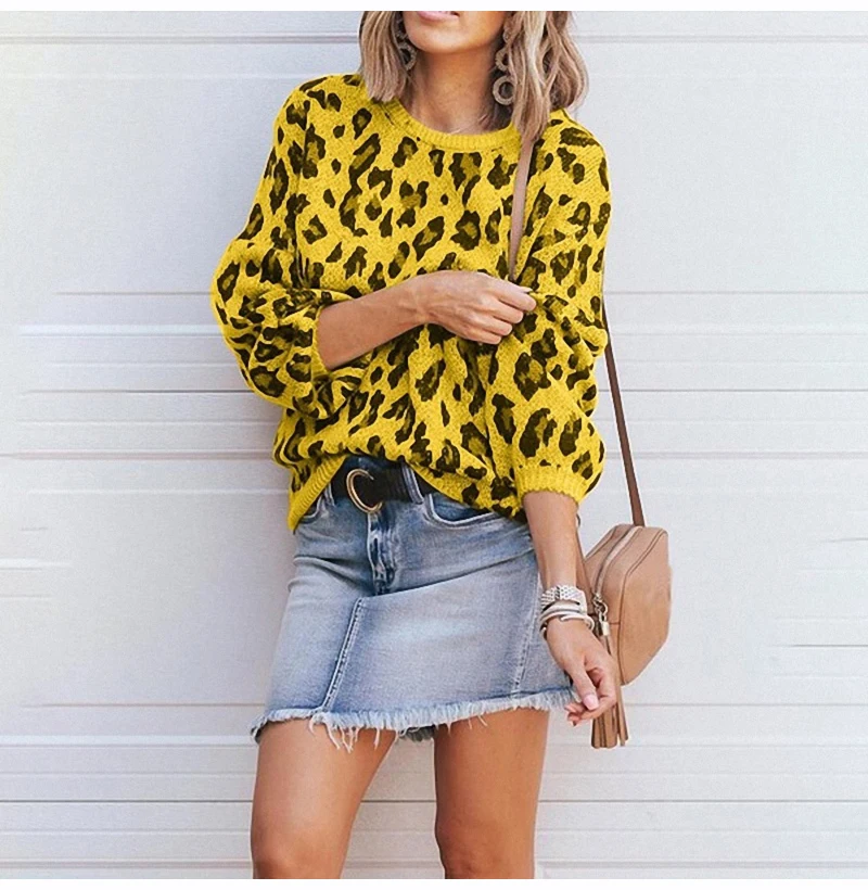 Lossky Women Fall Sweaters Fashion Leopard Jacquard Lantern Sleeve Pull Femme Pullover Tops Yellow Autumn Winter Clothes