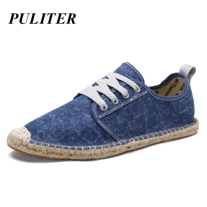 

PUTILER Summer Canvas Shoes Men Plimsolls Designer Espadrilles 2019 Fashion Fisherman Breathable Lace Up Shoes Casual Alpargatas