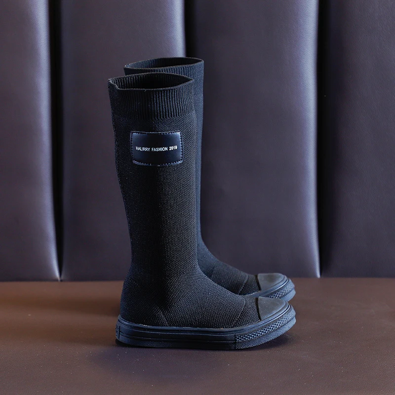 

Mudipanda autumn black girls high boots flying woven sets of feet breathable comfortable fashion wild non-slip children's shoes