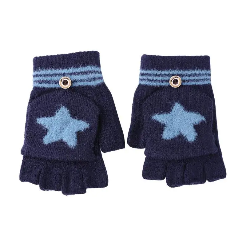 Navy Blue 1 пара, зимние теплые детские перчатки, Детские утепленные перчатки, лыжные перчатки, Мультяшные звезды, муфта для рук для мальчиков и девочек - Color: Navy Blue