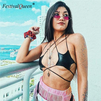 

Festival Queen sexy star strappy bralette cami top female clubwear party crop top bandage tie up hollow out tops women 2018