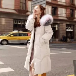 beige white Новинка, повседневное розовое хлопковое зимнее пальто с капюшоном, большой меховой воротник, утолщенное пальто, мода, большие размеры, утепленные куртки - Цвет: beige white