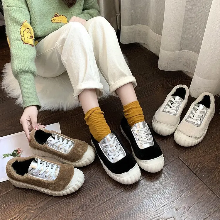 Winter Woman Loafers Flat Oxford Shoes For Women Plush Warm Black Fashion Flats Ladies Casual Shoes 4cm Platform Alpargatas