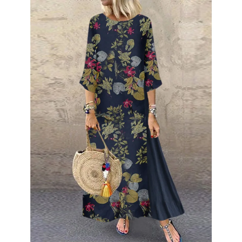 

plus size maxi dress floral boho patchwork casual long dress big size women cotton linen dress large size winter vestidos 5xl