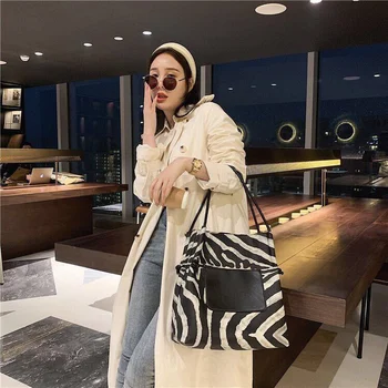 

Fashion Simple Design Shopping Bag Women 2020 Autumn Winter Large Capacity Handbag All Match Bucket Bag Zebra Pattern