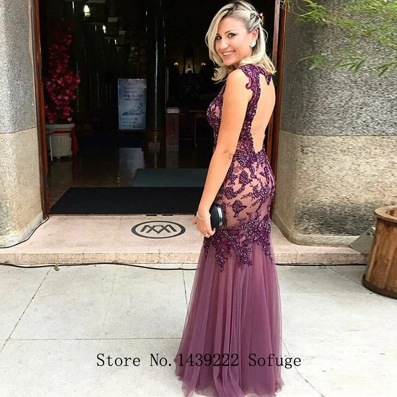 

Purple Tulle Mermaid Evening Dresses Prom Scoop Lace Appliques Backless Vestidos De Fiesta De Noche Robe De Soiree Plus Size