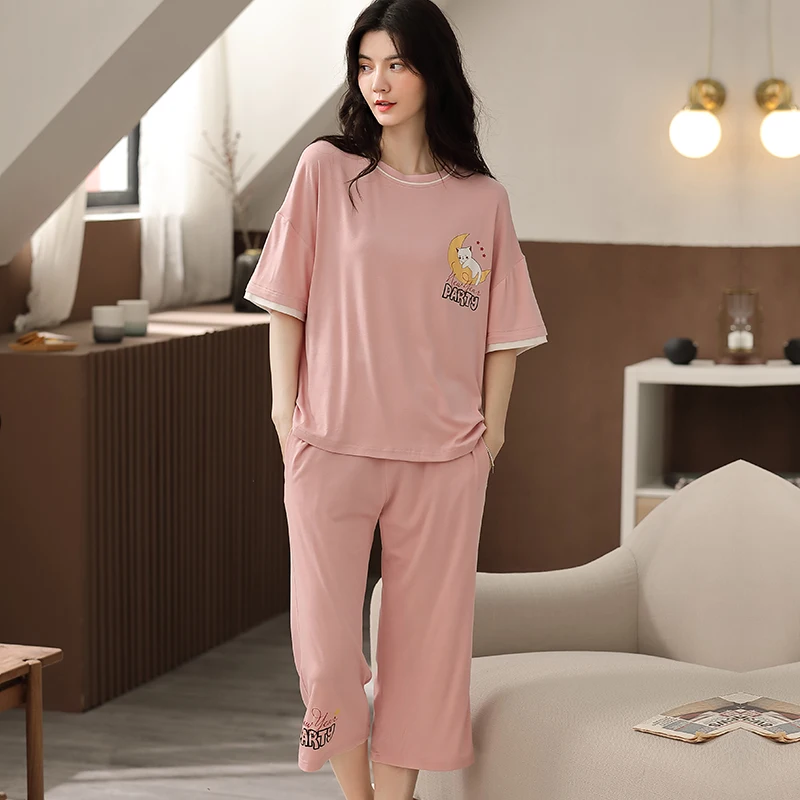 Пижамный комплект Женский хлопковый рубашка с коротким рукавом и брюки до