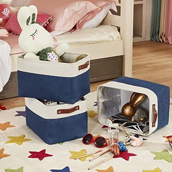 

3Pcs Storage Bin Collapsible Sturdy Cotton and Linen Storage Basket Square with Handles for Organizing Shelf Nursery