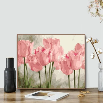 

DIY Painting Acrylic Paint By Numbers Painting Kit Home Wall Living Room Bedroom Decoration Pink Tulips