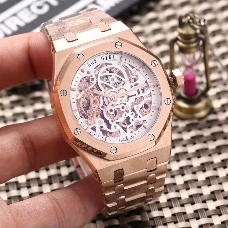  Famous Brand New Automatic Mechanical Self Wind Men Watch Sapphire Transparent Glass Skeleton Rose 