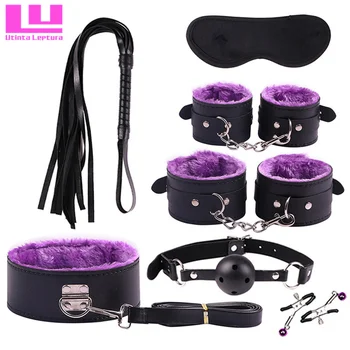 7 in 1 Adult Game Sex Bondage,Restraint,Handcuff,Mouth Plug,Whip,Collar,Nipple Clip,Sexual Fantasy Toys PU Leather SM Product 1