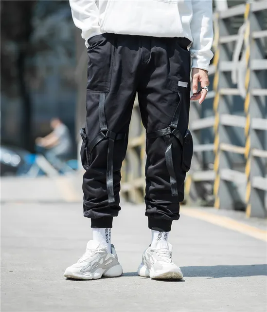 US $39.00 Men Casual Streetwear Tactical ribbon cargo Pants Hip Hop Trendy youth baggy pants Men's Jogger Tro