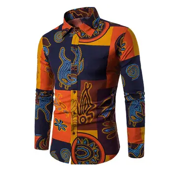 

Men Digital Print Long Sleeve Turndown Collar Button Down Shirt Top