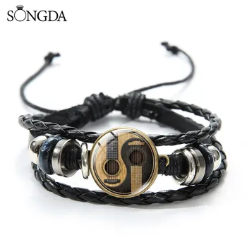

Creative Tai Chi Guitar Music Note Bracelets Musical Instrument Leather Glass Dome Layered Bracelet For Women Men Jewelry