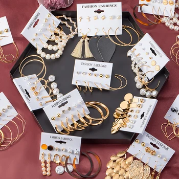 

X&P Fashion Vintage Gold Pearl Round Circle Drop Earrings Set For Women Girl Large Acrylic Tortoise shell Dangle Ear Jewelry