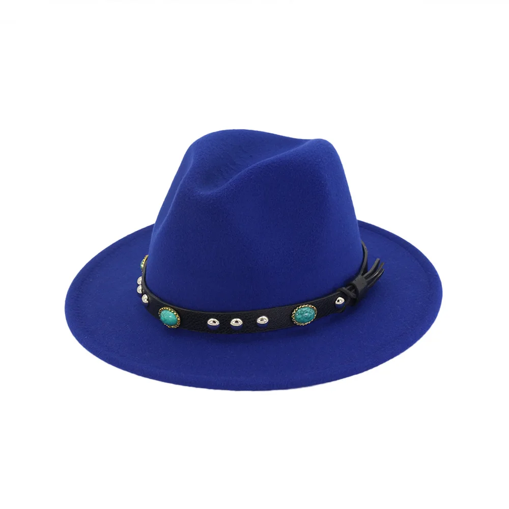 Осенняя и зимняя одноцветная шляпа с полями из бисера, шляпа для путешествий, шляпа-федора, джаз, Панама, шляпы для женщин и девушек 55 - Цвет: Синий