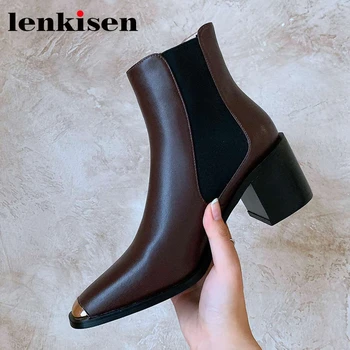 

Lenkisen new split leather metal round toe high heel Chelsea boots slip on convenient winter keep warm classic ankle boots L91