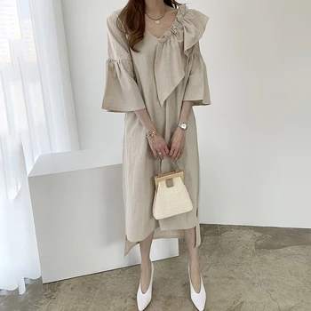

Sannian Women Dress 2020 New Summer Korean Dresses Retro V-neck Loose Half Sleeve Medium Length Irregular Dress Women