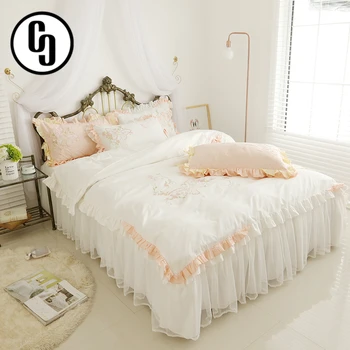 

GXC 4/6pcs Cotton white bed linen set lace princess style bedding sets/bedclothes Twin queen king size duvet cover bed skirt set