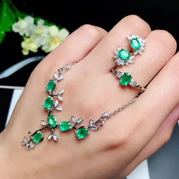 

EXQUISITE JEWELRY GREEN EMERALD GEMSTONE RING EARRING NECKLACE JEWELRY SET WOMEN 925 STERLING SILVER NATURAL GEM CHRISTMAS GIFT