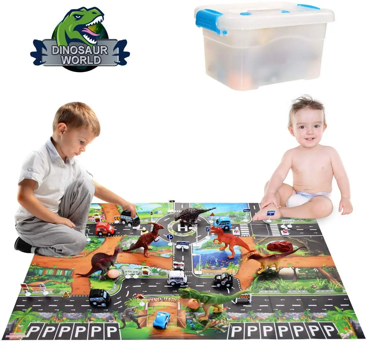

42pcs/set Dinosaur World Realistic Figures Playset Toys for Children Educational Road Traffic Play Mat with Pull Back Cars Gift