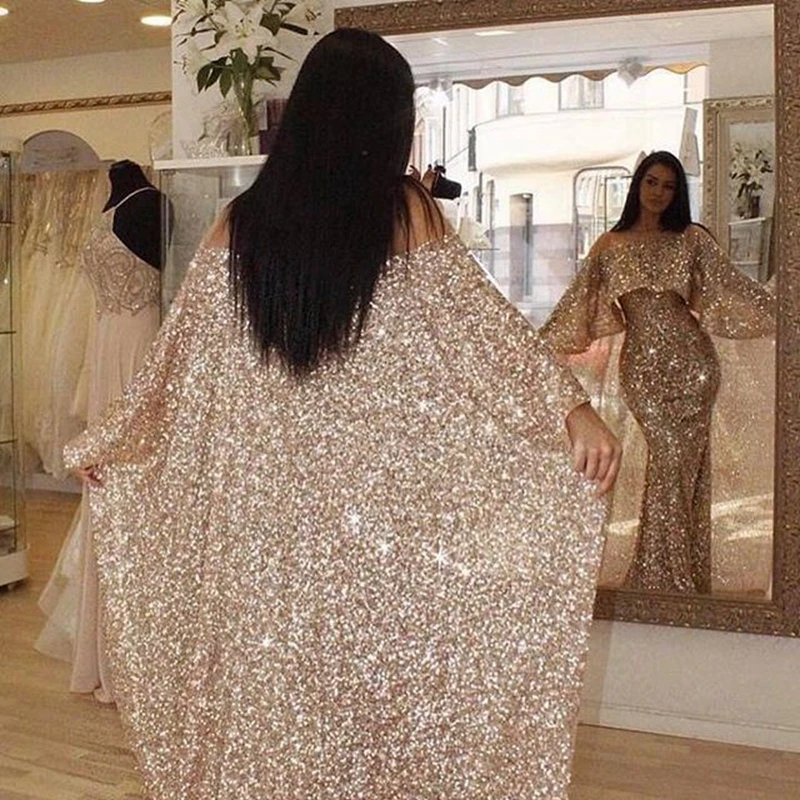 

Evening gown mermaid for women sweep train rose gold sequins long formal prom party dresses plus size vestido de noiva