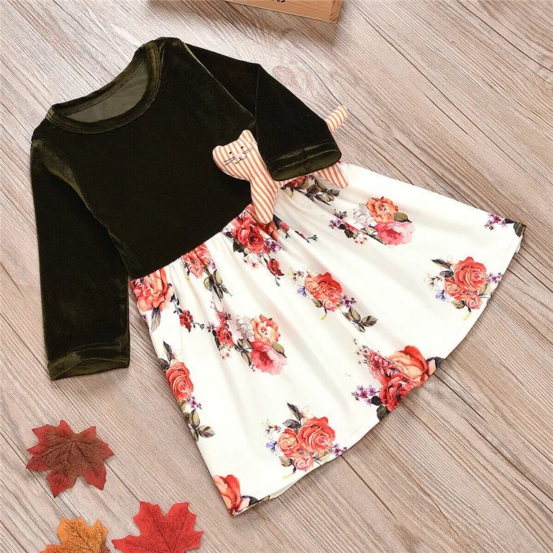 Toddler Infant Baby Girls Velvet Clothes Long Sleeves Floral Princess Dress
