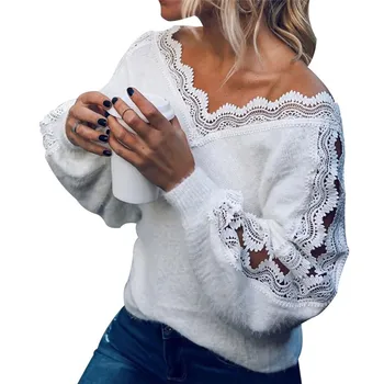 

Women's Autumn White Sweater V Neck Long Sleeve Casual Loose Pullover Jumper Lace Panel Top Sweater