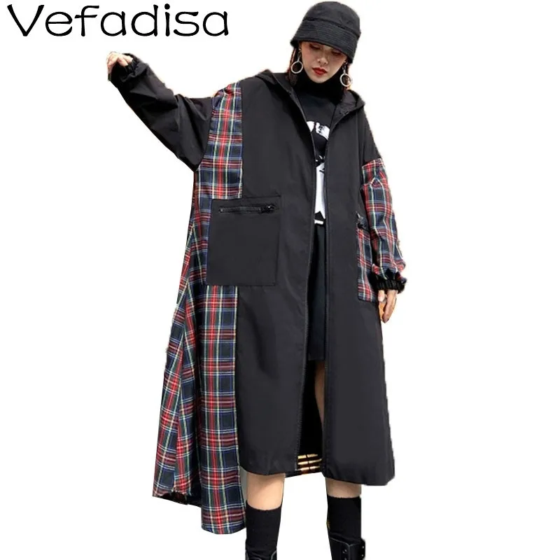 

Vefadisa Irregular Hooded Women Trench 2020 Spring Plaid Print Women Overcoat Loose Skirt Long Coat Streetwear Trench QYF1950