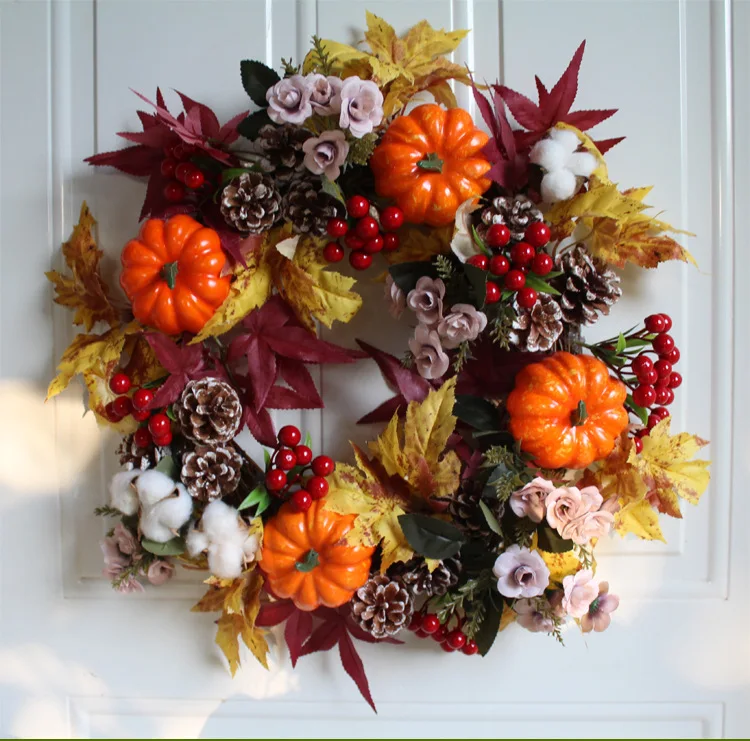 

Autumn Decor Thanksgiving Fall Wedding Wreath for Front Door Vine Pumpkins Artifical Florals Wreath Door Decoration Harvest
