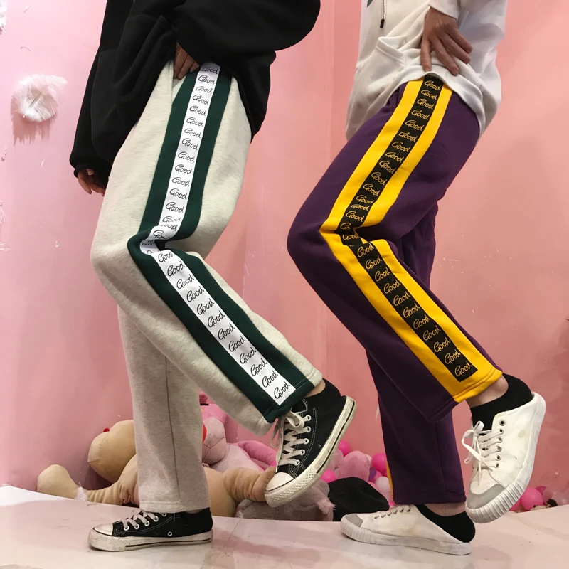 Neploe Harajuku, уличная одежда, Ретро стиль, длинные штаны, контрастные по бокам, цветные, с буквами, брюки для отдыха, для женщин и мужчин, флисовые прямые штаны, 55609