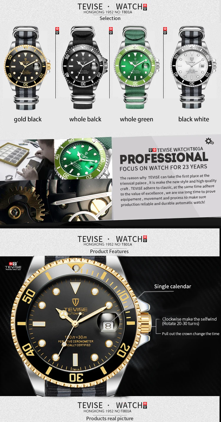 Casual Tevise Black Dial Mens Watches Automatic Mechanical Clock Canvas Strap Luminous Waterproof Date Male Wristwatch