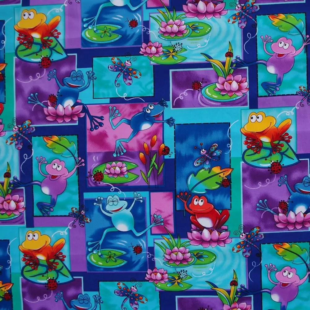 

1 yard Frog, dragonfly, ladybug and lotus Cotton Polyester Blend Fabric (width=140cm)