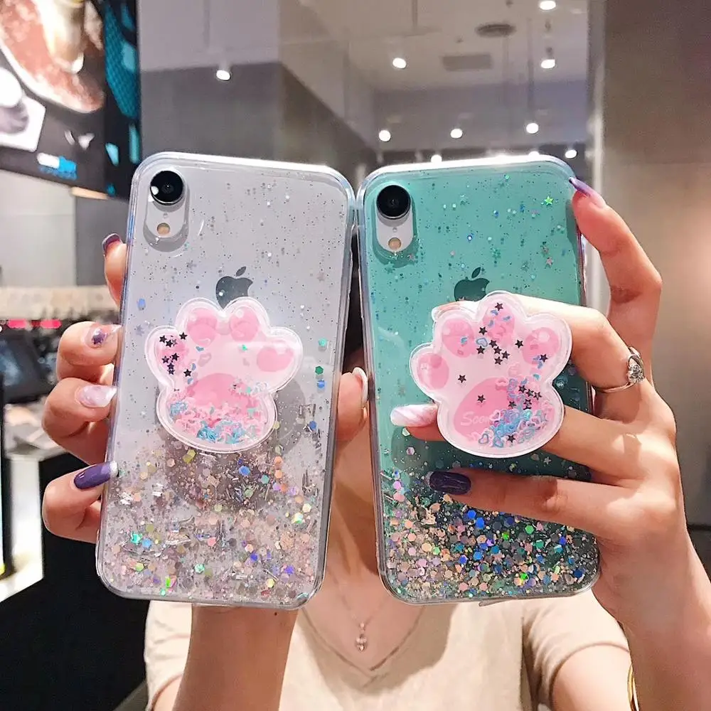 

Glitter Sequins Phone Case For Samsung Galaxy S10 S8 S9 Plus Note 8 Note 9 TPU Cute Cat claw quicksand phone holder for iPhone