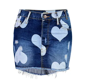 

Irregular Heart Print Jeans Skirt For Women Plus Size High Waist Mini Denim Skirt Woman Pleated Bodycon Basic Jeans Skirt