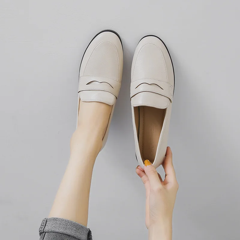 Vintage woman oxford shoes chunky heels loafers slip on brogues round toe all-match moccasins women leather derby shoes size 44