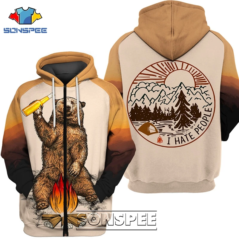 

SONSPEE Animal Bear I Hate People Men's Zipper Hoodies Tracksuit Vintage 3D Print Casual Hip Hop Funny Coat Mens Sweatshirt Tops
